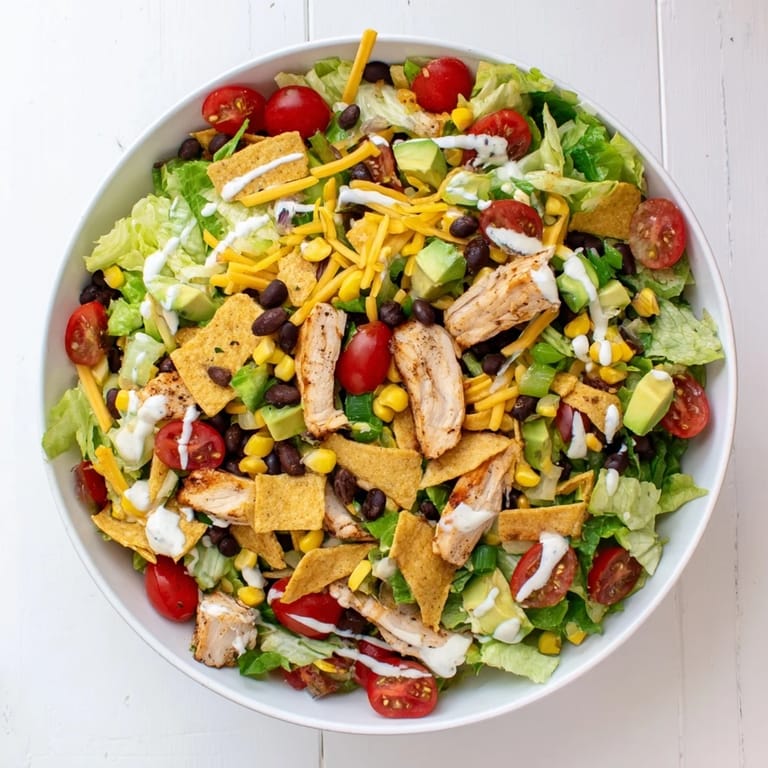 A vibrant bowl of Crunchy Taco Chicken Salad topped with melted cheddar, diced avocado, and a drizzle of creamy lime dressing.