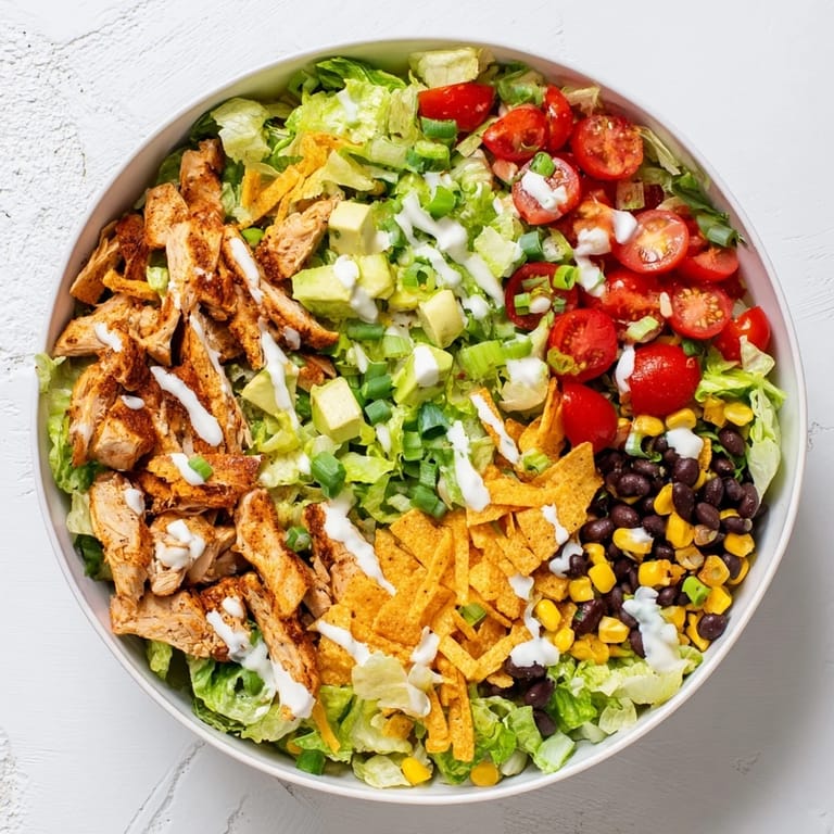 Close-up of Crunchy Taco Chicken Salad with juicy sliced chicken, fresh tomatoes, and crunchy taco shell pieces for a Tex-Mex meal.