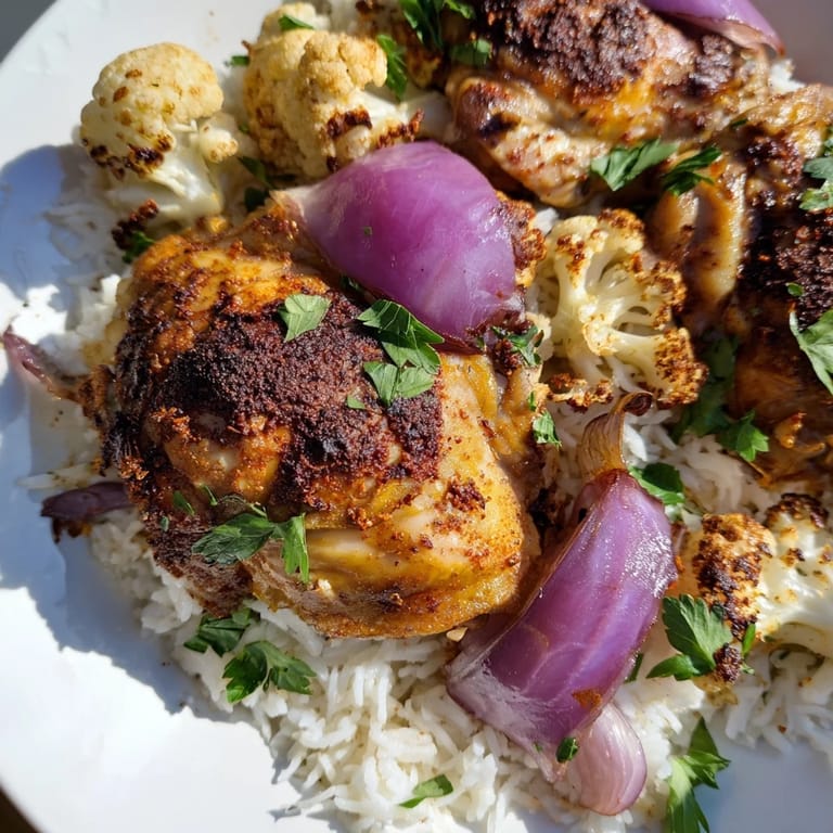 A plated serving of Roasted Cauliflower Chicken Sheet Pan next to lemon wedges and a warm bowl of rice.