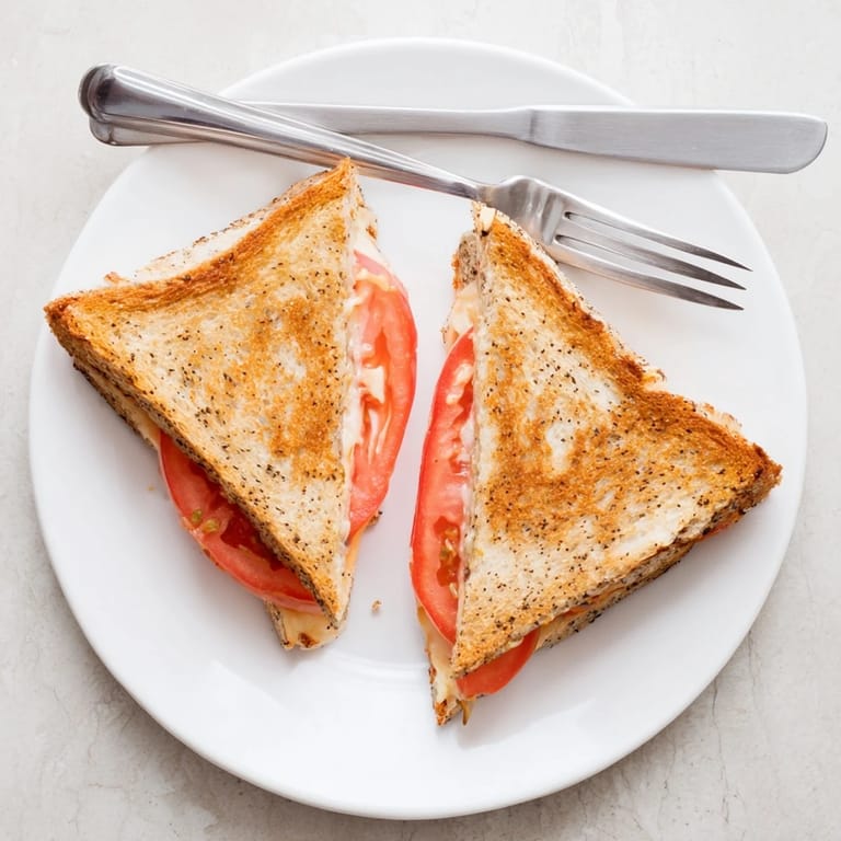 Overhead view of a hot Pepper Jack & Tomato Grilled Cheese on a skillet, steam rising from the crispy, buttery crust.
