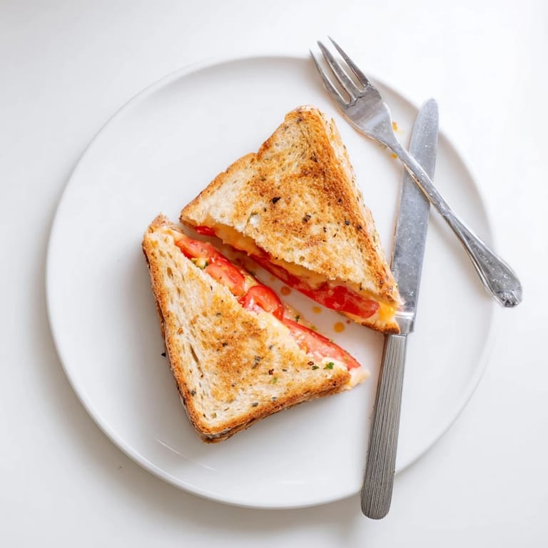 Pepper Jack & Tomato Grilled Cheese is sliced in half on a white plate, revealing a spicy, gooey interior and fresh red tomato slices.