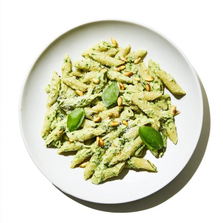 Vivid close-up of Creamy Sunflower Seed Pesto Pasta in a white bowl, highlighting a glossy, herb-flecked pesto sauce clinging to al dente pasta.