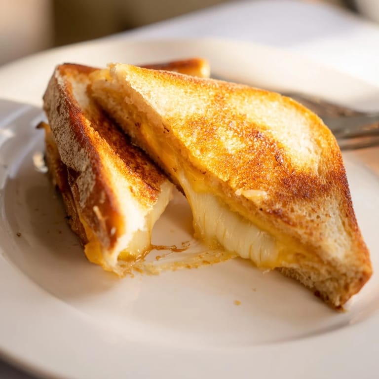 A close-up of a Triple Cheese Sourdough Grilled Cheese sandwich with oozing cheese between buttery, golden-brown sourdough slices served hot.