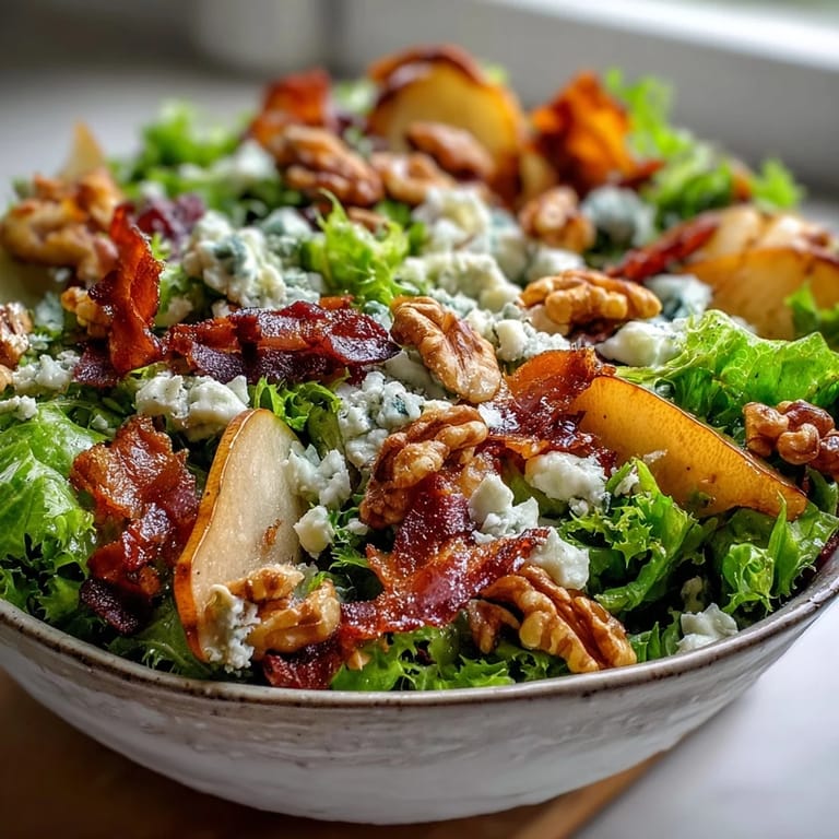 Elegant Frisée, Pear, Blue Cheese, and Crispy Prosciutto Salad with creamy blue cheese delight.
