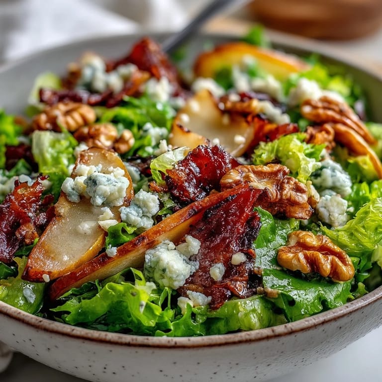 A beautiful Frisée, Pear, Blue Cheese, and Crispy Prosciutto Salad, perfect for lunch.