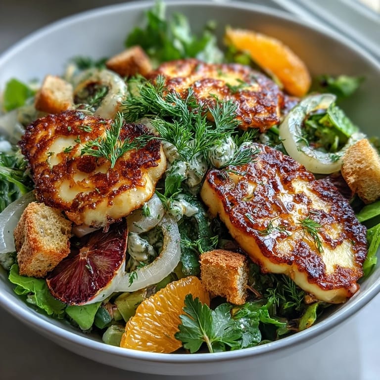 Flaky Halloumi Blood Orange Fattoush burst with fresh greens, zesty citrus, and crunchy sourdough.