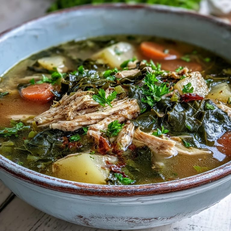 Comforting bowl of collard greens, chicken, and potato soup, a satisfying meal.