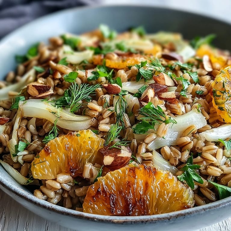 Nutty Farro Salad With Fennel, Oranges, and Almonds, ready for a light lunch.