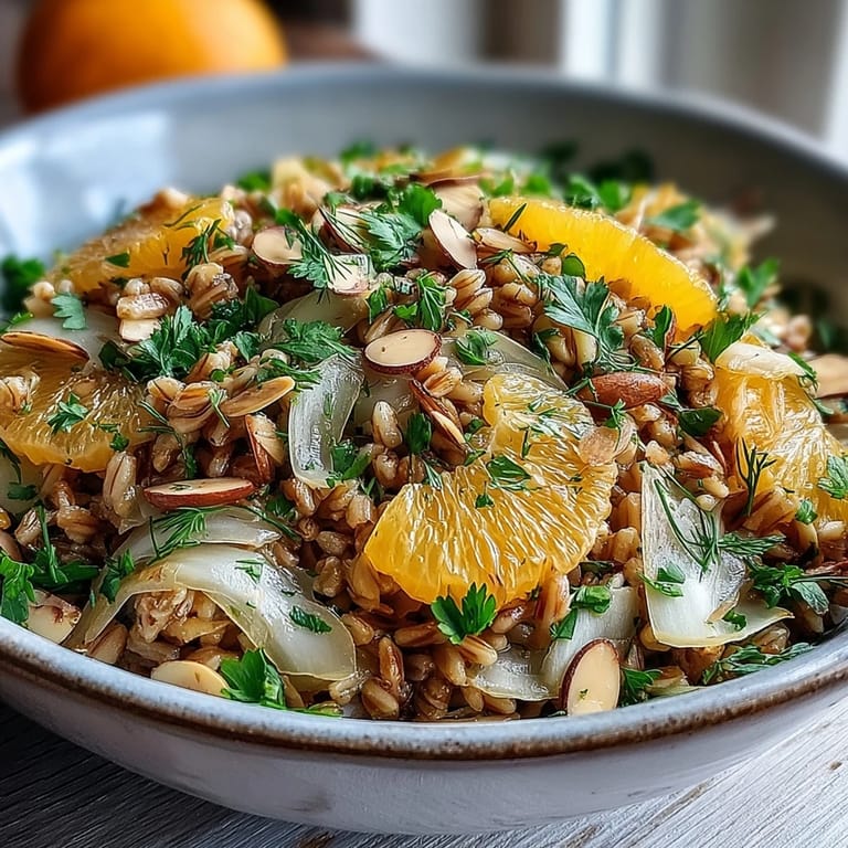 Delectable Farro Salad With Fennel, Oranges, and Almonds, with crunchy almonds and citrus bite.