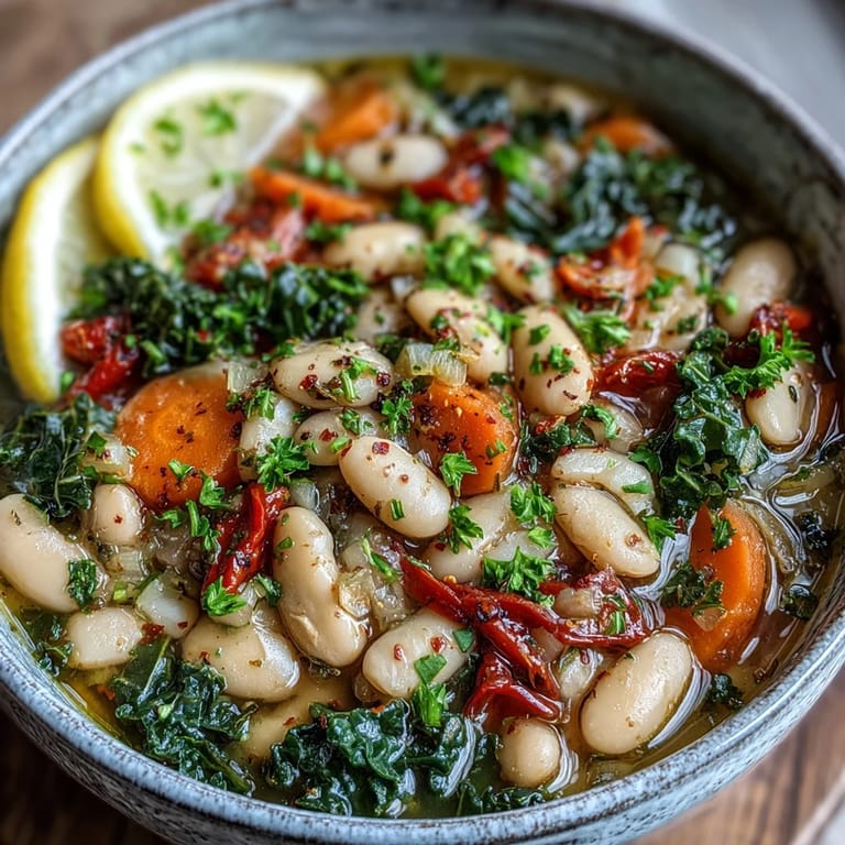 Savory Mediterranean White Bean Stew, perfect with crusty bread and lemon.
