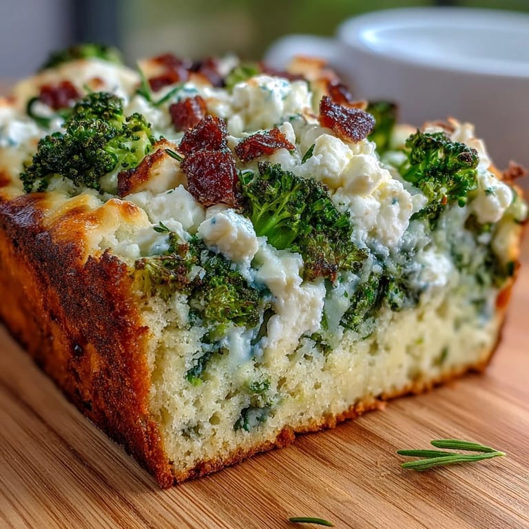 Moist Broccoli and Feta Loaf featuring vibrant green florets, perfect for slicing.