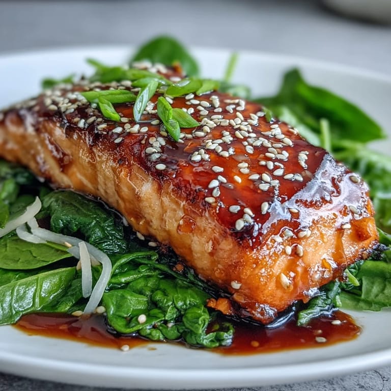 Glazed miso salmon atop vibrant green spinach, perfect for a healthy family meal.