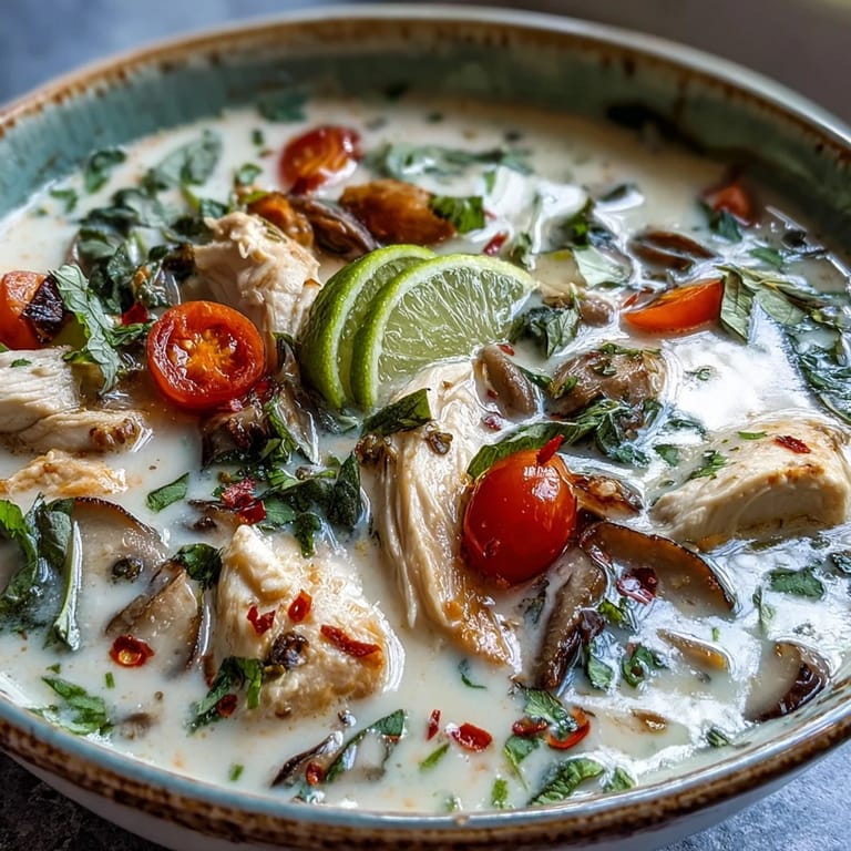 Fresh cilantro and lime wedges garnish this aromatic Best Ever Tom Kha Gai Soup, served alongside fluffy jasmine rice.