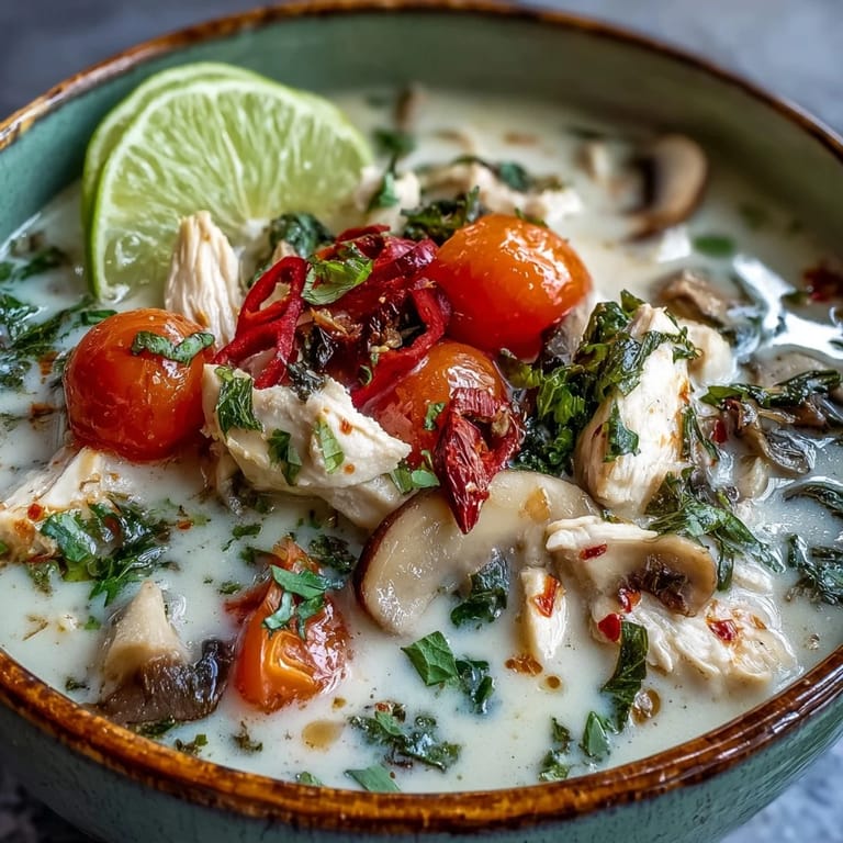 Steaming Best Ever Tom Kha Gai Soup in a rustic bowl highlights aromatic lemongrass, chilies, and bright cherry tomatoes.