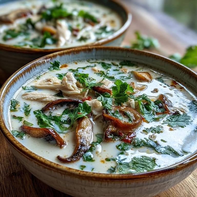 Sliced chicken and straw mushrooms float in creamy coconut milk, showing the rich texture of Authentic Tom Kha Gai.