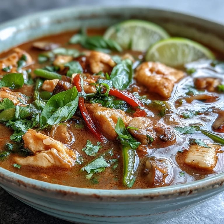 A cozy bowl of Thai Chicken Coconut Curry Soup featuring creamy coconut broth, shiitake mushrooms, and snow peas.