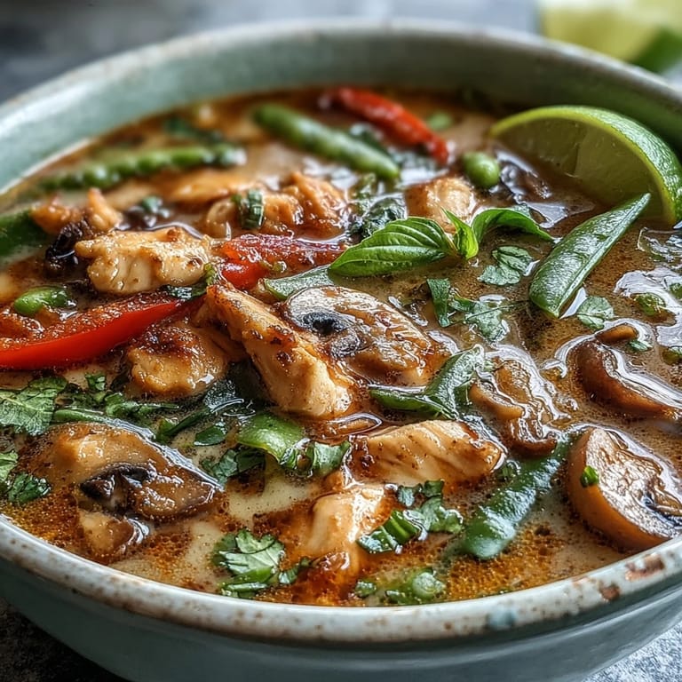 Steaming Thai Chicken Coconut Curry Soup served with lime wedges and Thai basil, perfect with gluten-free rice noodles.