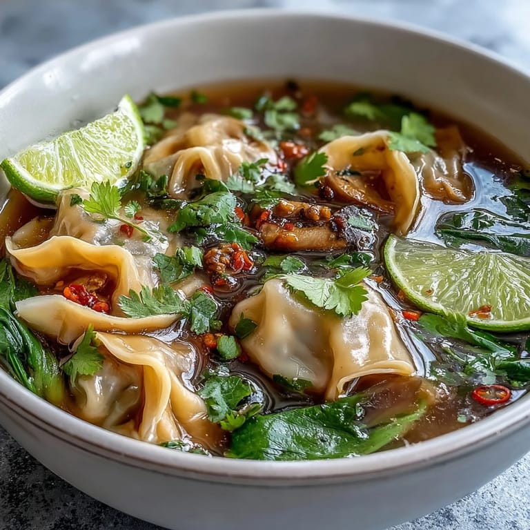 Close-up of Tom Yum Wonton Soup showing tender wontons, sliced mushrooms, and chili-infused tangy broth.