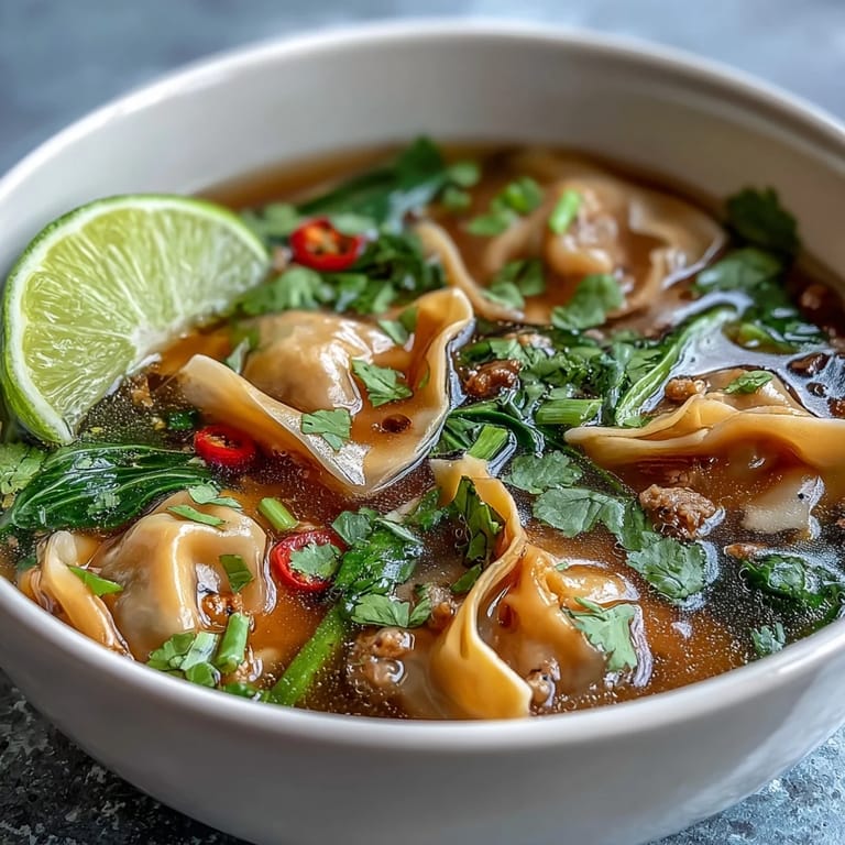 A vibrant bowl of Tom Yum Wonton Soup garnished with cilantro, scallions, and fresh lime wedges.