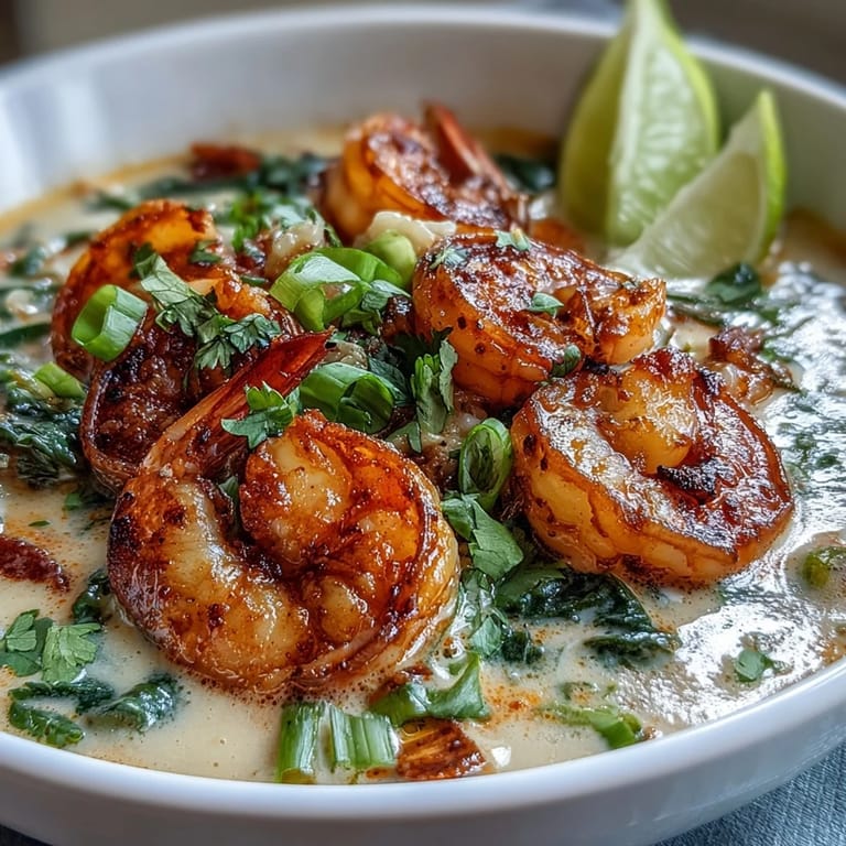 Thai Coconut Shrimp Soup served in a white bowl, garnished with cilantro, green onions, and lime wedges.