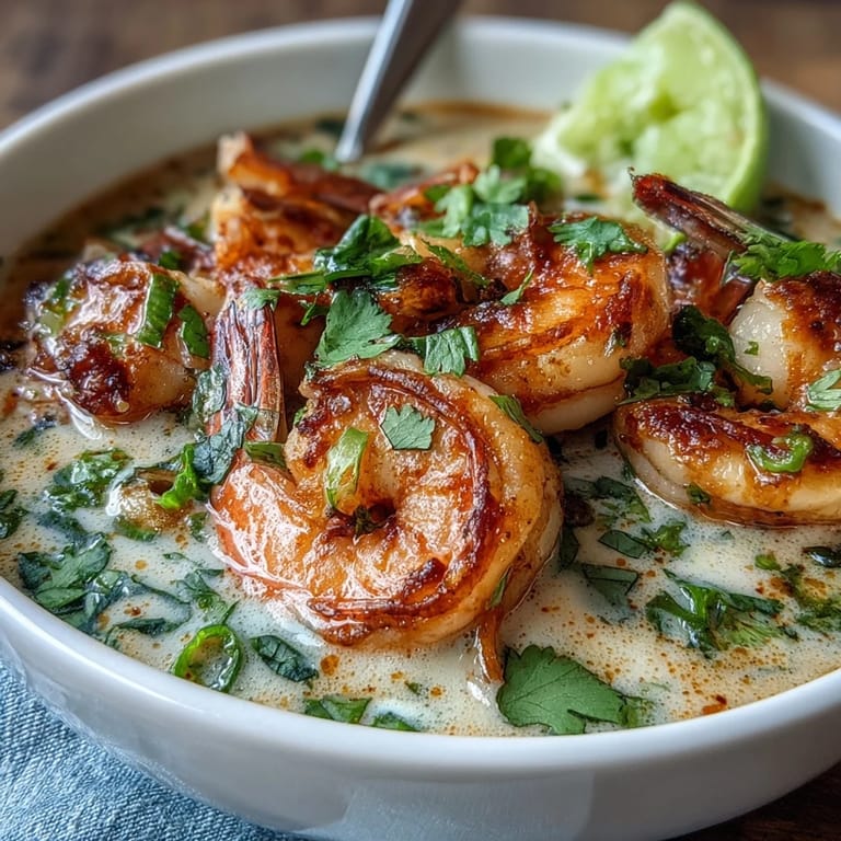 A close-up of Thai Coconut Shrimp Soup reveals plump, pink shrimp in a coconut milk and red curry broth.
