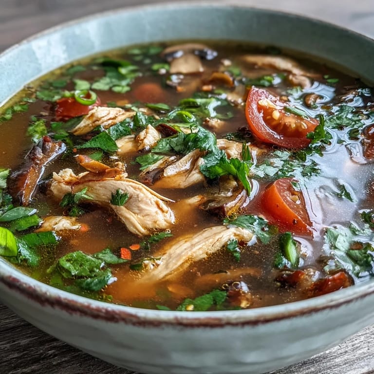 A steaming bowl of spicy Tom Yum Chicken soup garnished with cilantro and lime wedges.
