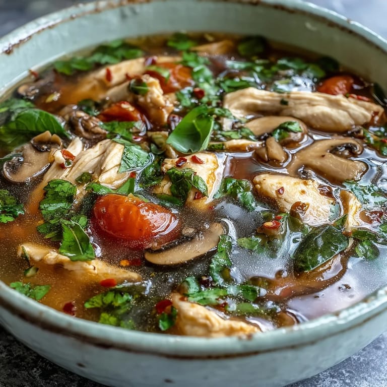 Close-up of Tom Yum Chicken broth with tender chicken slices and vibrant Thai aromatics.