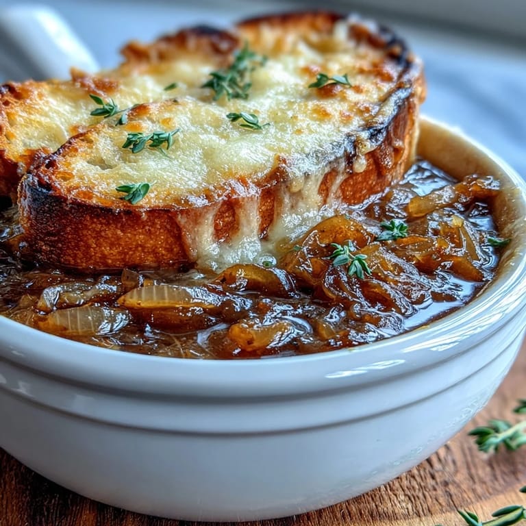 Classic French Onion Soup features caramelized onions in rich broth, topped with toasted bread and melted Gruyère.