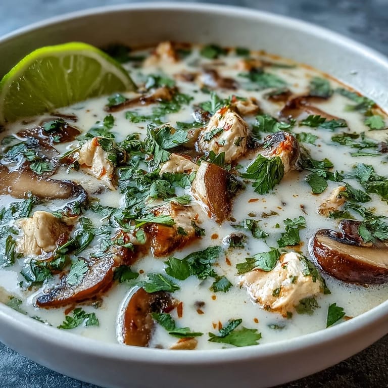Bright green lime wedges and fresh cilantro garnish this aromatic Tom Kha Soup, ready to be squeezed over the savory bowl.