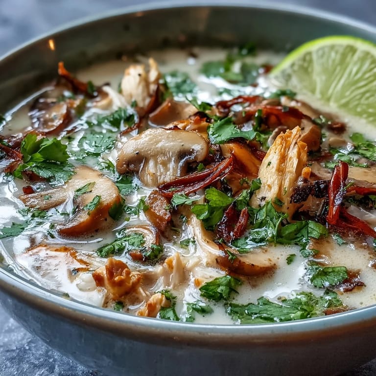 Tom Kha Soup simmering on a stovetop with visible galangal and kaffir lime leaves, highlighting the authentic Thai cooking process.