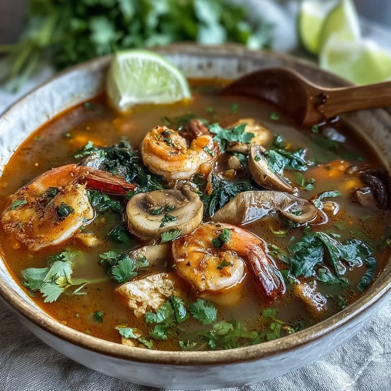 A close-up of Tom Yum Soup shows plump shrimp, tomato wedges, and lime slices on top.