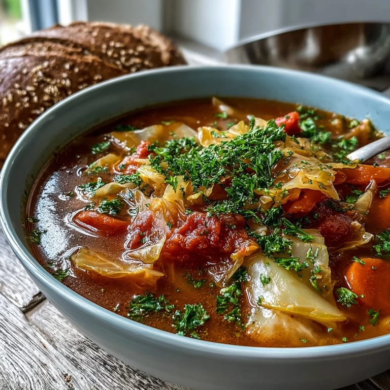 A ladle pours Classic Cabbage Soup into a bowl, steam rising from the chunky vegetable medley and fresh parsley garnish.