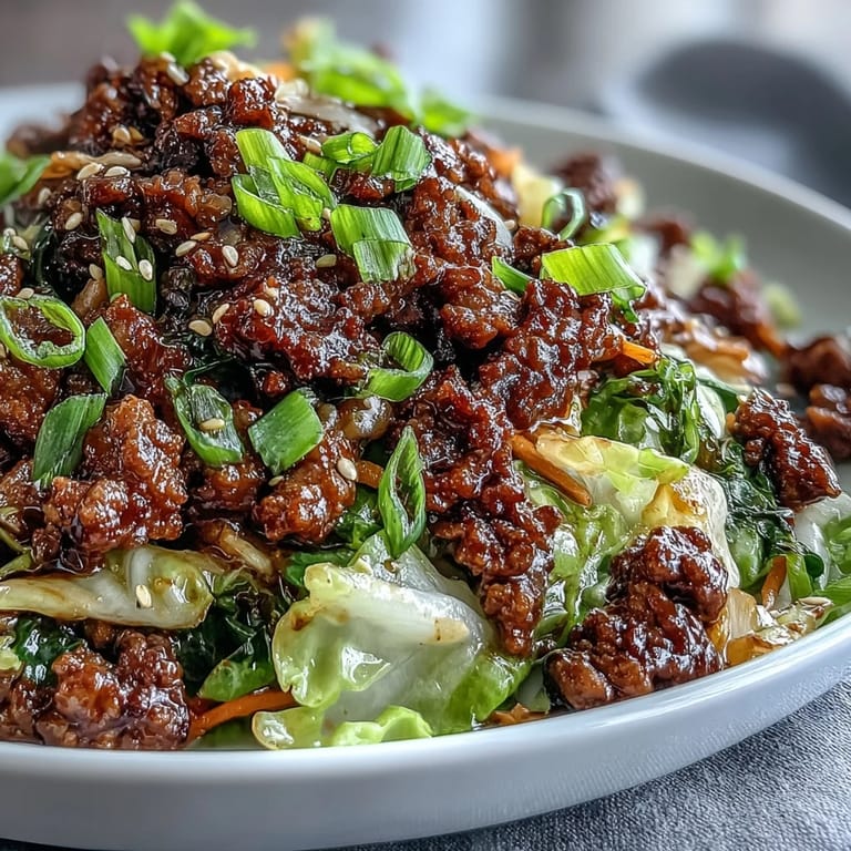Close-up of savory Chinese Ground Beef and Cabbage Stir-Fry served over steamed cauliflower rice.