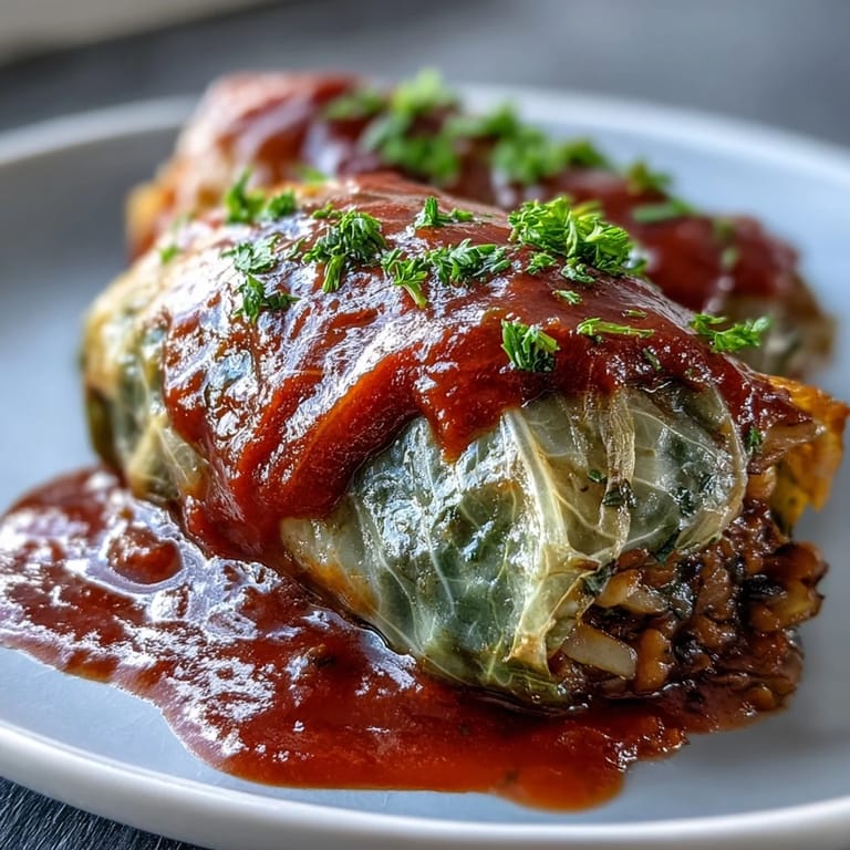 Close-up of Baked Vegan Cabbage Rolls showing the hearty lentil and brown rice filling wrapped in tender cabbage leaves.