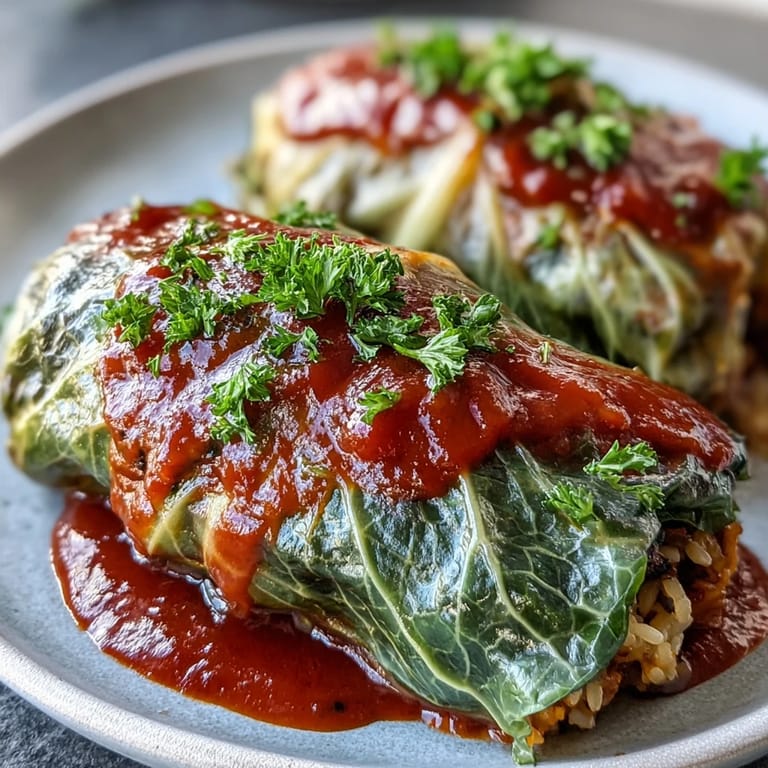 Freshly baked vegan cabbage rolls in a ceramic dish, bubbling with tomato sauce and served alongside crusty artisan bread.