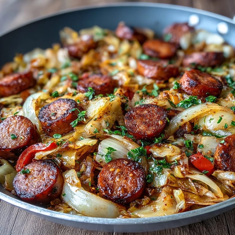 Overhead view of Smothered Cabbage With Sausage, revealing steaming cabbage and sliced kielbasa in a rich, savory broth.