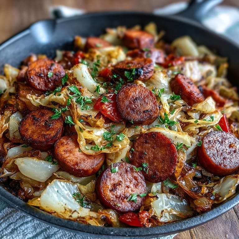 Savory Smothered Cabbage With Sausage served hot in a cast-iron skillet, garnished with fresh thyme and red pepper flakes. 