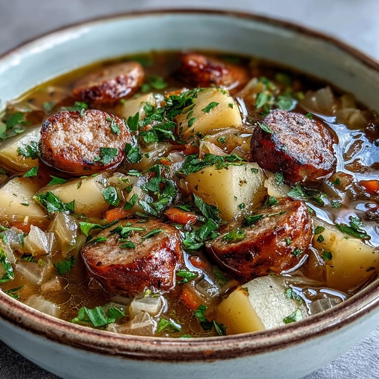 A rustic cast iron pot filled with Sausage, Potato and Cabbage Soup served alongside crusty bread slices.