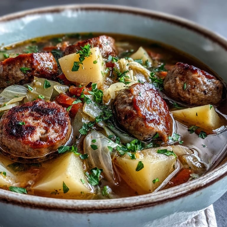 Hearty Sausage, Potato and Cabbage Soup simmering in a pot with chunky vegetables and savory sausage slices.