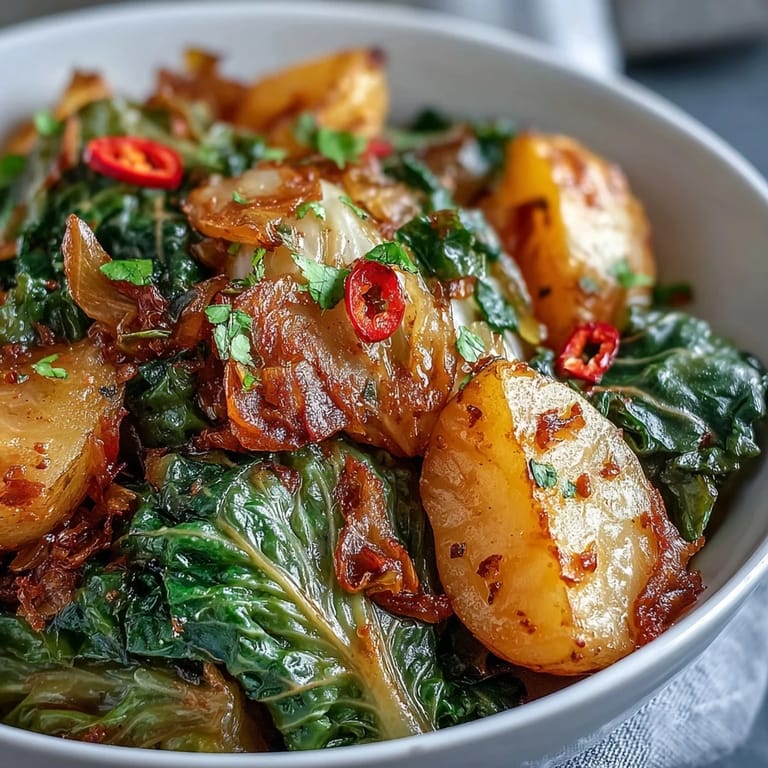 Sizzling Braised Cabbage With Potatoes and Chili in a Dutch oven, infused with smoked paprika and gentle chili heat for a comforting vegetarian meal.