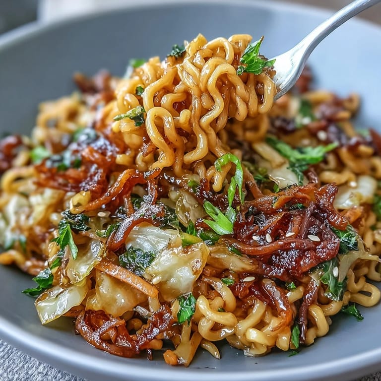 Dinner plating of vegetarian Fried Cabbage Ramen, garnished with sesame seeds and fresh green scallions ready to be enjoyed.