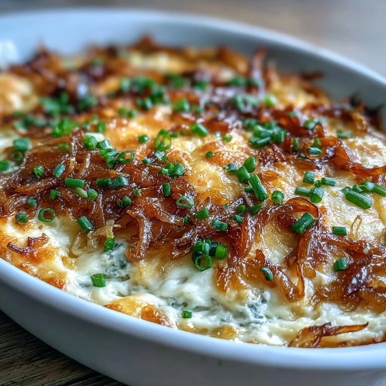 Freshly baked Smoked Gouda & Onion Dip in a rustic serving dish, garnished with chopped chives and paired with assorted vegetables and salty chips.