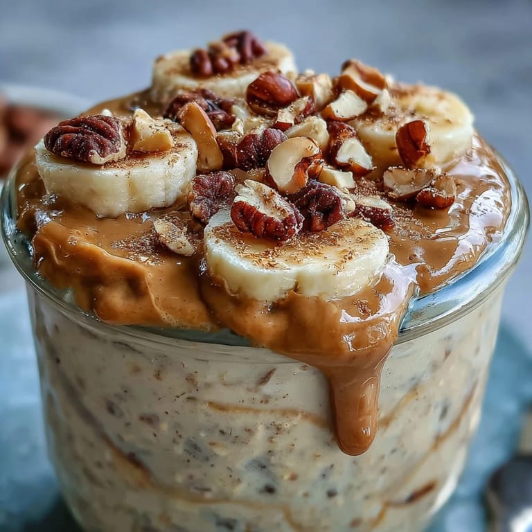 A close-up of velvety High-Protein Peanut Butter Overnight Oats with chocolate chips and a yogurt dollop.