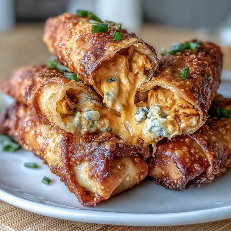 Freshly fried Buffalo Chicken Dip Egg Rolls cut open to reveal the spicy, cheesy chicken filling with green onions.