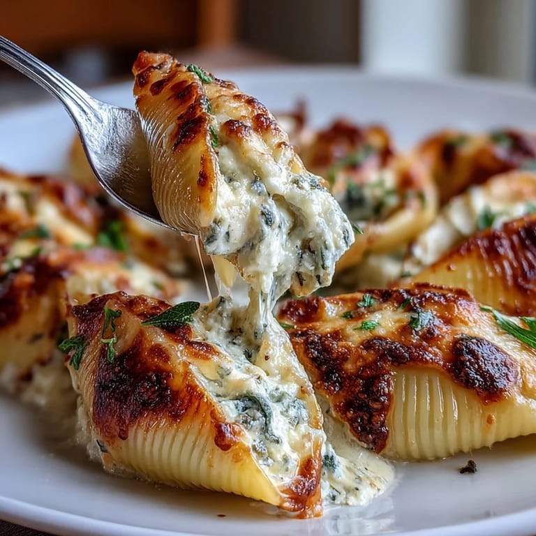 Pumpkin & Gouda Stuffed Shells topped with crispy sage leaves in a bubbling skillet, ready to serve.