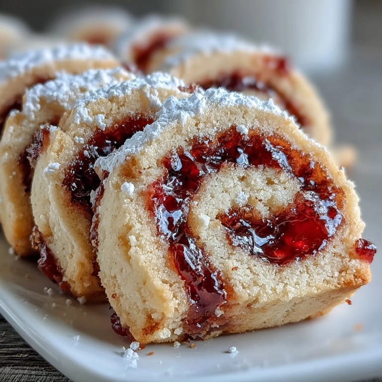 Four Raspberry Swirl Shortbread Cookies display a jam swirl center on a rustic wooden board.