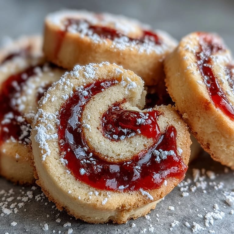 Close-up of a halved Raspberry Swirl Shortbread Cookie revealing a soft center and vibrant raspberry filling.