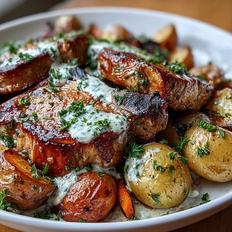Family-style Crockpot Ranch Pork Chops plated with buttery carrots and potatoes, garnished with fresh parsley and ready to serve.
