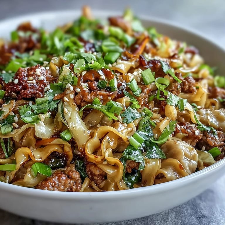 Vibrant green onions and cilantro top these glossy Potsticker Noodle Bowls, pairing chewy noodles with tender, seasoned pork.