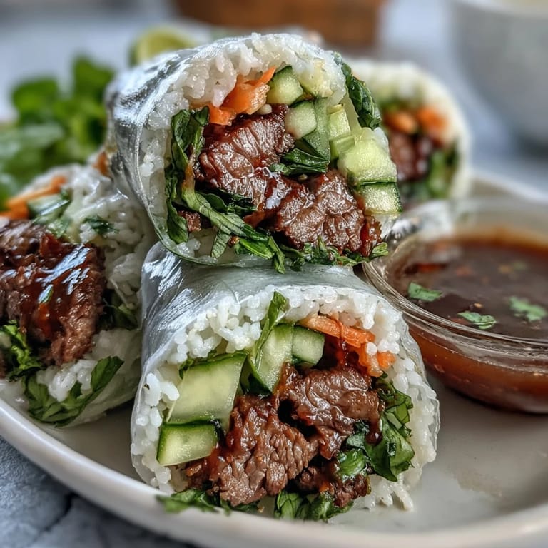 A platter of Thai Basil Beef Rolls served with a tangy dipping sauce, perfect for a light lunch or appetizer.  